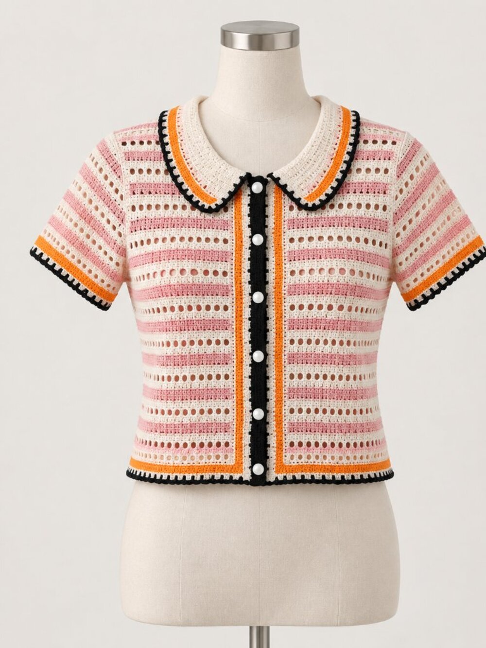 Pink Crochet Knit Cropped Cardigan Peter Pan Collar Size M